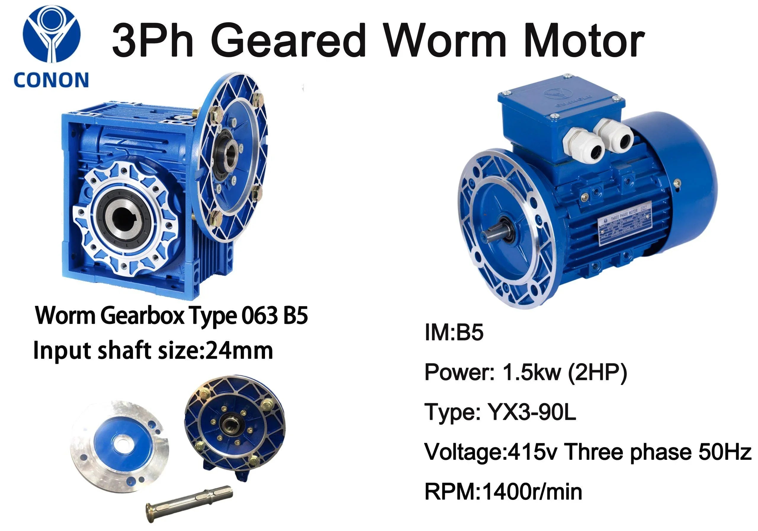 Three Phase 1.5kW 2HP 1400rpm Electric Motor & Worm Gearbox Type 063 - Hankemotor - AU