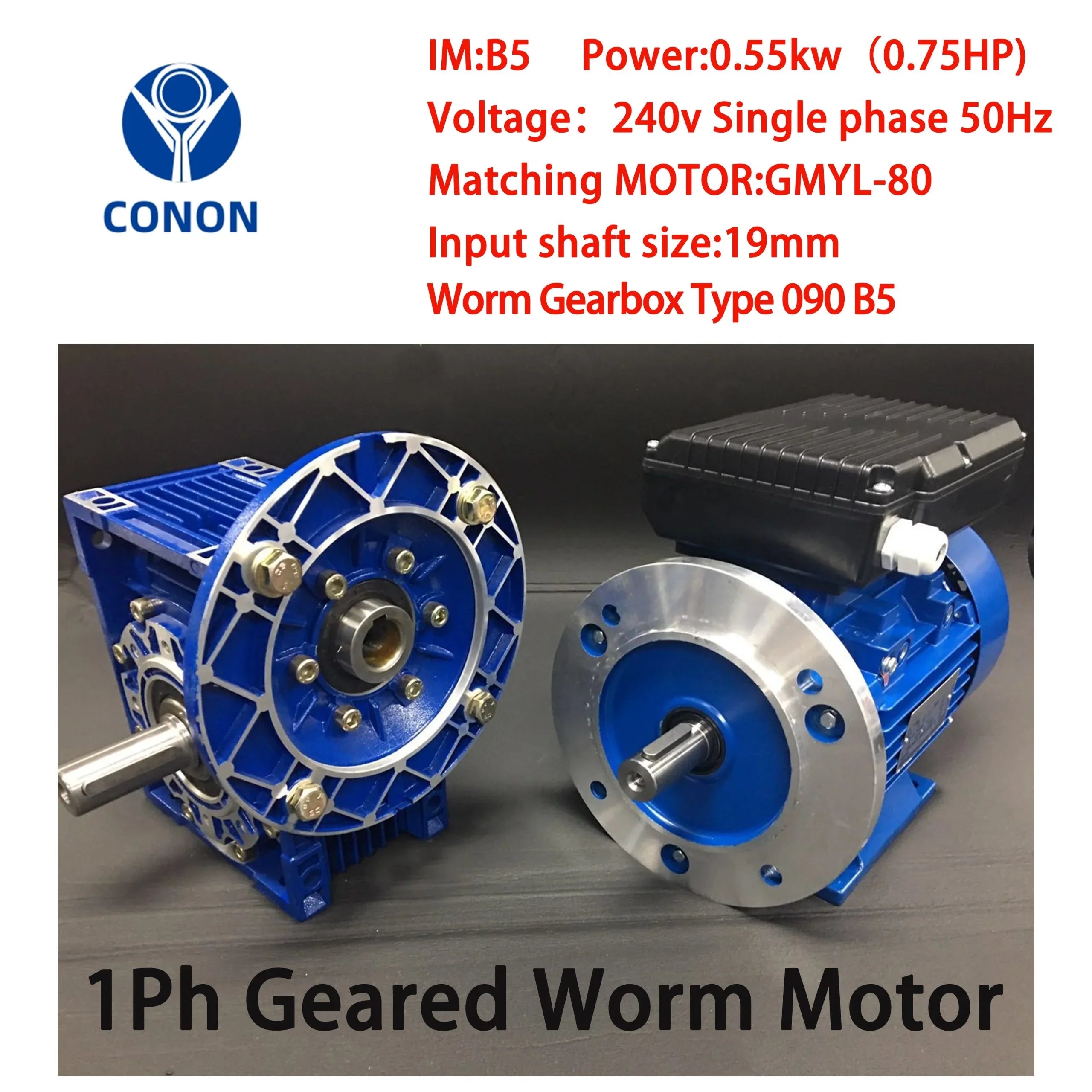 Single Phase 0.55kW 0.75HP 1400rpm Electric Motor & Worm Gearbox Type 090 - Hankemotor - AU