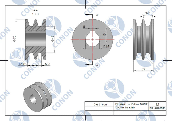 Double-Groove V-Belt Pulley - 100mm Diameter, 19mm Bore, For Air Compressor / Driven Wheel 3 thumbnail image