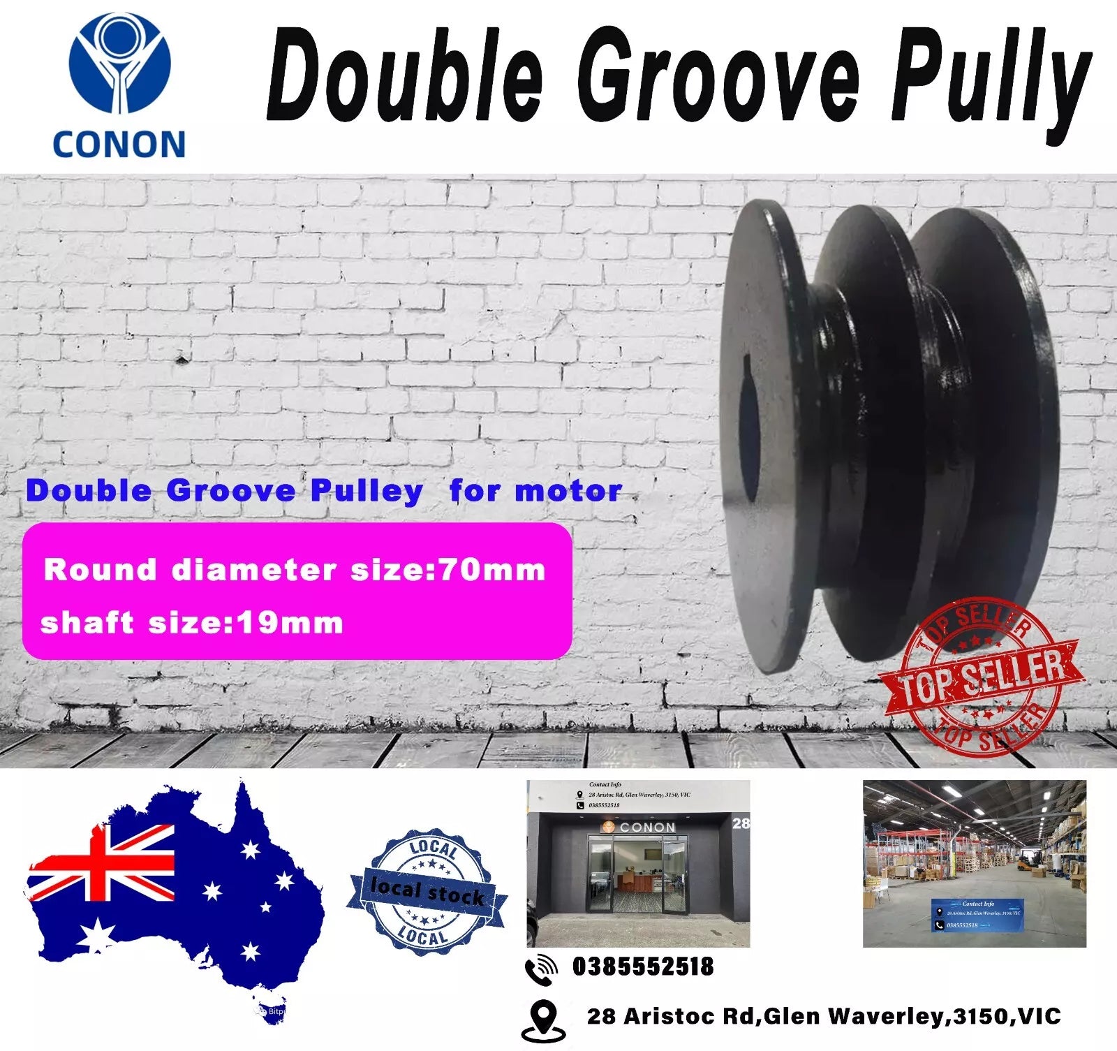 GUANGLU Double Groove Cast Iron Pulley – 70mm Diameter, 19mm Bore For Electric Motor